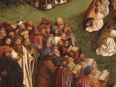 Detalj av tilbedelsen av det mystiske lam, fra midtpanelet til Ghent-altertavlen (olje på panel) av Hubert & Jan van (1390 1441) Eyck