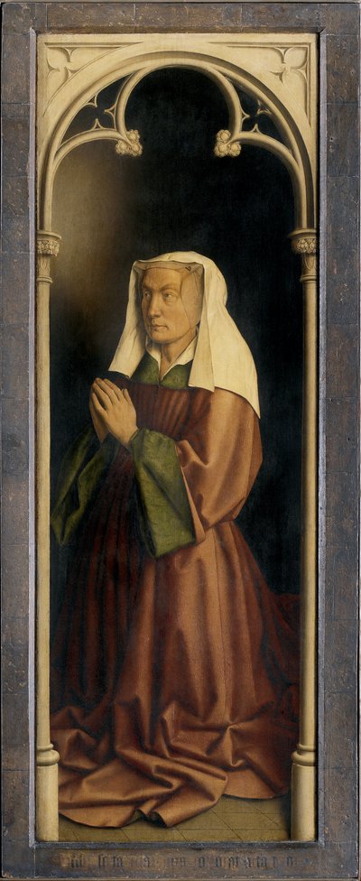 Lysbette Borluut, detalj fra Ghent-altertavlen, lukket (olje på panel) av Hubert & Jan van (1390 1441) Eyck
