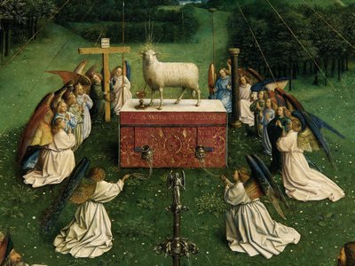 Tilbedelsen av det mystiske lam, fra Ghent-altertavlen, detalj av nedre halvdel av sentralpanelet av Hubert & Jan van (1390 1441) Eyck