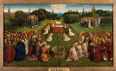 Tilbedelsen av det mystiske lam, fra Ghent-altertavlen, nedre halvdel av sentralpanelet av Hubert & Jan van (1390 1441) Eyck