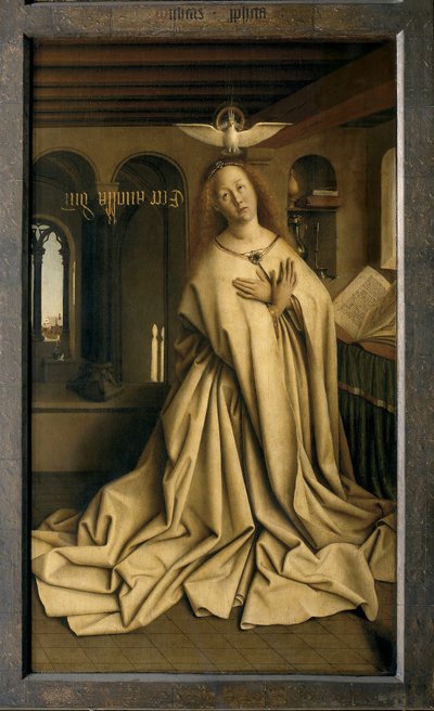 Engelen Gabriel gir budskapet til Maria, detalj fra Ghent-altertavlen, lukket (olje på panel) av Hubert & Jan van (1390 1441) Eyck