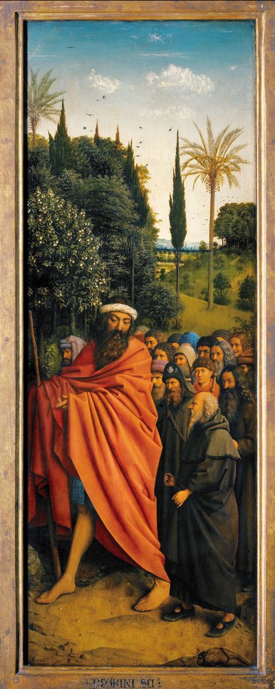 Pilegrimene guidet av St. Christopher, fra høyre side av Ghent-altertavlen av Hubert & Jan van (1390 1441) Eyck