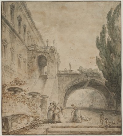 Et palass med en buet bro En romersk villa, 1760. av Hubert Robert