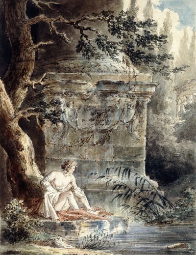 En ung bader nær en søyle, av Hubert Robert