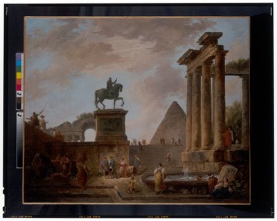 En capriccio med trubadurer og vaskekvinner ved et basseng blant romerske ruiner, en pyramide utenfor, ca. 1780 (olje på lerret) av Hubert Robert