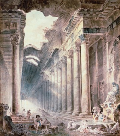 En termisk bygning med søylegang, taket delvis åpent mot himmelen, med jenter som vasker klær (akvarell, blyant, blekk) av Hubert Robert
