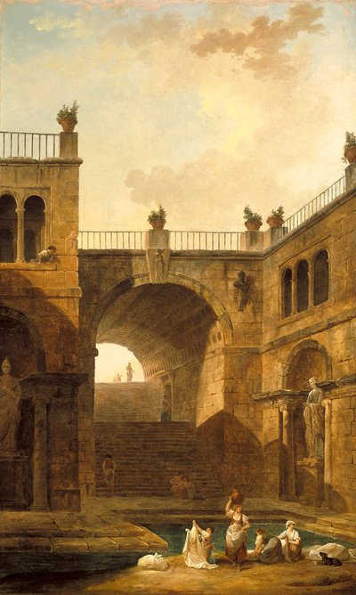 Arkitektonisk scene med kvinner som vasker klær ved et basseng av Hubert Robert