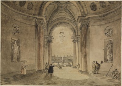 Utsikt gjennom kasinoets atrium mot hageparterret ved Villa Albani av Hubert Robert
