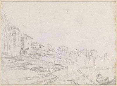 Bygninger langs en elvebredd [verso] av Hubert Robert