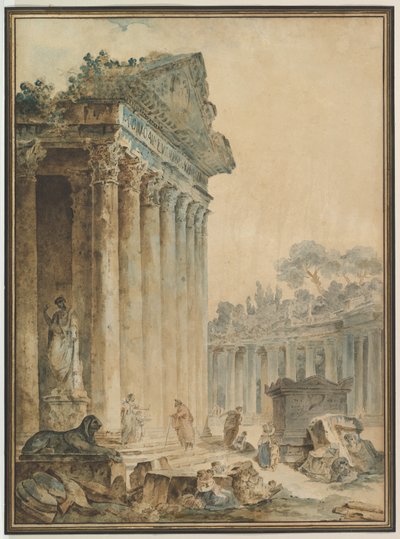 Capriccio med et antikt tempel av Hubert Robert