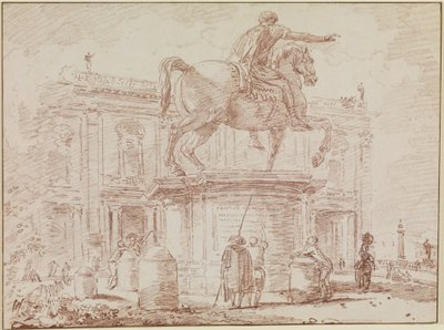 Rytterstatuen av Marcus Aurelius og Konservatorpalasset i Roma av Hubert Robert