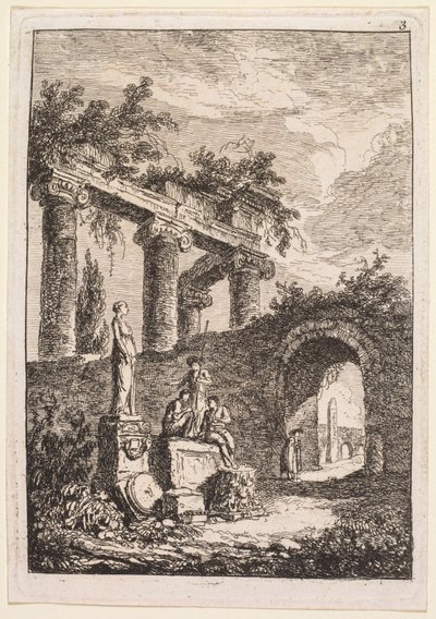 Kvelder i Roma: Statuen foran ruiner, 1763-1764. av Hubert Robert