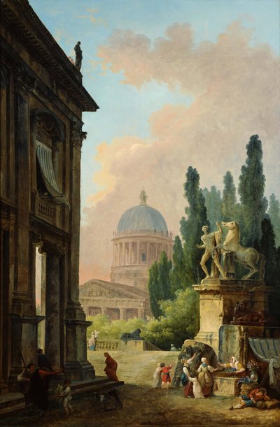 Imaginær utsikt over Roma med hestetemmeren på Monte Cavallo av Hubert Robert
