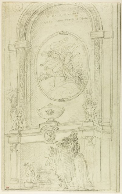 Interiør med et par foran en skorstein av Hubert Robert