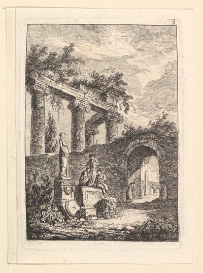 Statuen før ruinene.n.d. av Hubert Robert