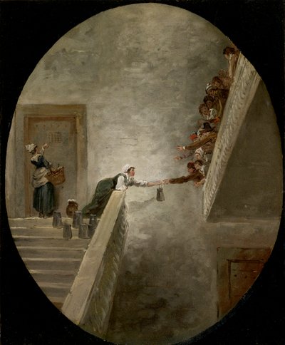 La distribution du lait a la prison Saint Lazare - Utdelingen av melk i Saint-Lazare fengsel av Robert, Hubert (1733-1808), ca 1794 - Olje på papir, 36,8x30,2 - Privat samling av Hubert Robert