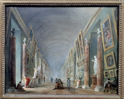 La grande galerie du Louvre mellom 1801 og 1805 Maleri av Hubert Robert (1733-1808) Søn. 0,37 x 0,46 Musee du Louvre, Paris - Louvres store sal mellom 1801 og 1805. Maleri av Hubert Robert (1733-1808), 0,37 x 0,46. Louvre-museet i Paris av Hubert Robert