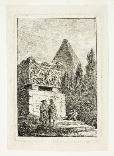 Landskap med pyramide og sarkofag, plate seks fra Les Soirées de Rome av Hubert Robert