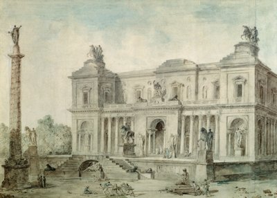Le Musée des Antiques, ca. 1800 (kritt, penn og blekk og wc på papir) av Hubert Robert