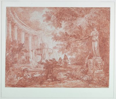 Park med fontene og statue av Hubert Robert