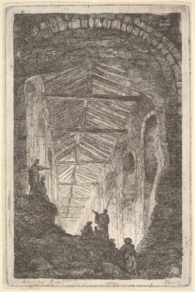 Plate 10: The Ancient Gallery: et stort overbygd galleri, lys som kommer inn fra bak..., ca. 1763-64. av Hubert Robert