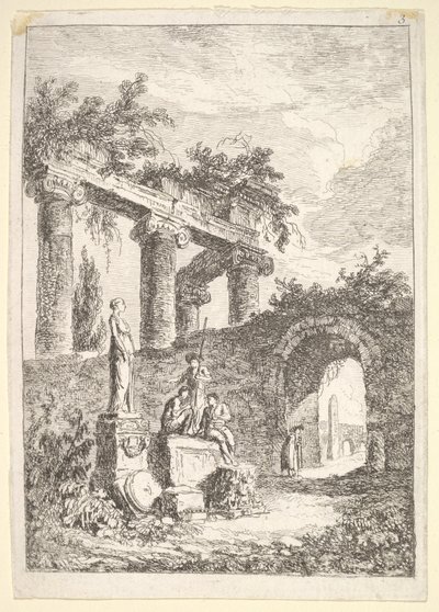 Plate 3: Statuen før ruinene: en statue til venstre ved siden av tre figurer på en p..., ca. 1763-64. av Hubert Robert