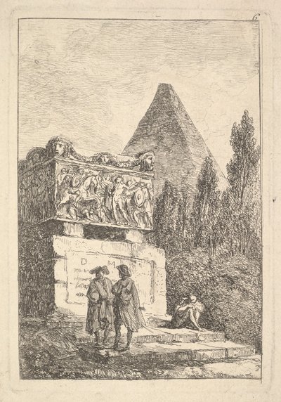 Plate 6: Sarkofagen: to menn som snakker til venstre, en annen mann sitter og sover..., ca. 1763-64. av Hubert Robert