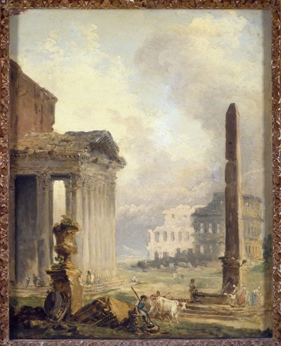 Romerske ruiner, Forum med Colosseum og obelisken av Hubert Robert