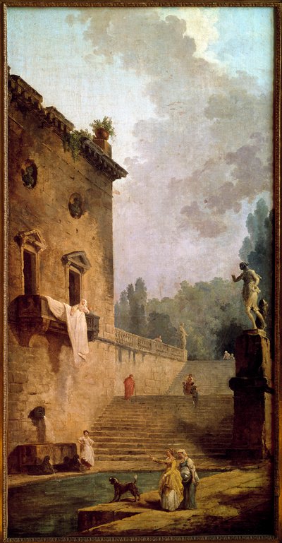 Ruinene av en portiko med vaskerom Maleri av Hubert Robert (1733-1808) Musee du chateau de Maisons Laffitte fra 1700-tallet (Maisons-Laffitte) av Hubert Robert