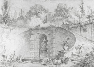 The Large Staircase, 1761-1765 (penn og svart blekk, pensel og grå vask og akvarell over svart kritt undertegning på off-white lagt papir, vannmerket) av Hubert Robert