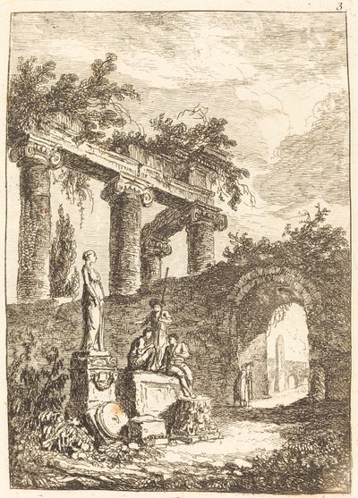 Statuen før ruinene av Hubert Robert