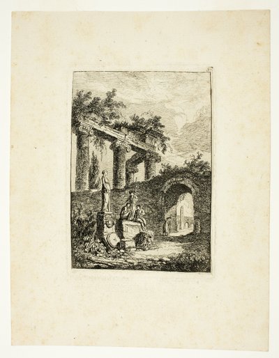 Statuen foran ruinene, plate tre fra Les Soirées de Rome av Hubert Robert