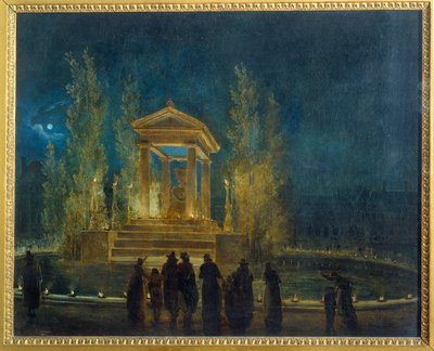 Den midlertidige mausoleen til Jean Jacques Rousseau (1712-1778) i Tuileries-bassenget før oversettelsen av asken hans til Pantheon-maleriet av Hubert Robert (1733-1808) 1794 Søn. 0,65x0,8 m Paris, Musee Carnavalet av Hubert Robert