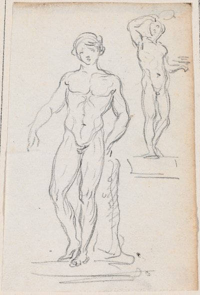 To statuer av mannlige nakenbilder av Hubert Robert