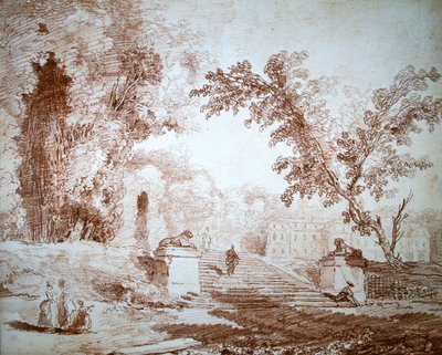Utsikt over en hage med terrasse (rødt kritt på papir) av Hubert Robert