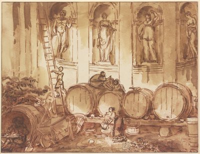Vinlager i en nisjehall med fire statuer av antikke guddommer av Hubert Robert