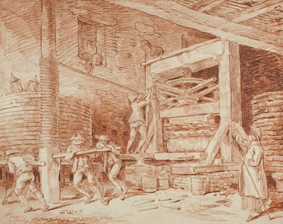 Vinpresse, ca. 1759 (rødt kritt på brunfarget papir, lagt ned på kremlagt kort) av Hubert Robert