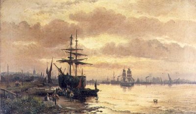 Fiskere ved bredden av en elvemunning ved solnedgang av Hubert Thornley