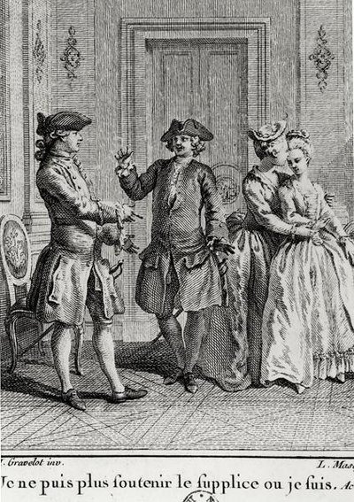 Jeg orker ikke plagene her lenger der jeg er, illustrasjon for Eugenie av Beaumarchais, gravert av Louis Joseph Masquelier (1741-1811) av Hubert after Gravelot