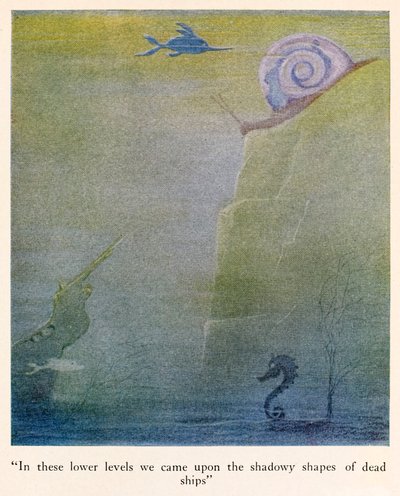 "I disse lavere nivåene kom vi over de skyggefulle formene til døde skip" illustrasjon fra The Voyages of Doctor Dolittle av Hugh Lofting