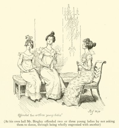 På sitt eget ball fornærmet Mr Bingley to eller tre unge damer ved ikke å be dem danse, gjennom å være helt oppslukt av en annen (gravering) av Hugh Thomson