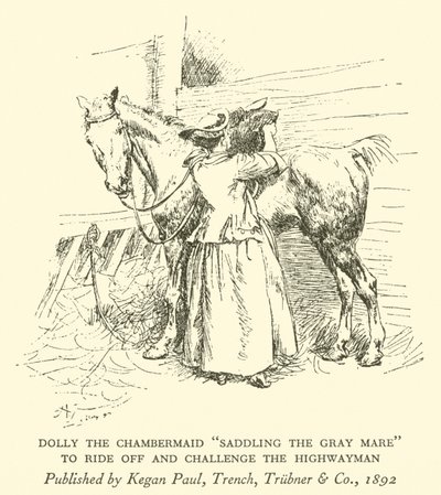 Dolly the Chambermaid "Saddling the Grey Mare", for å ri av og utfordre Highwayman (gravering) av Hugh Thomson