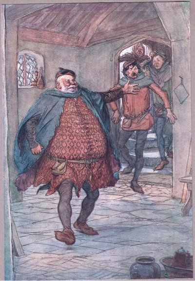 Enter Falstaff, pistol, Nym og Bardolph, illustrasjon fra The Merry Wives of Windsor, 1910 av Hugh Thomson