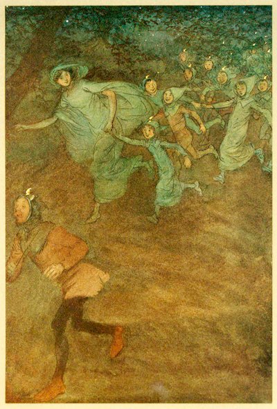 Gå inn på Sir Hugh Evans, Anne Page og andre, fra The Merry Wives of Windsor, 1910. av Hugh Thomson