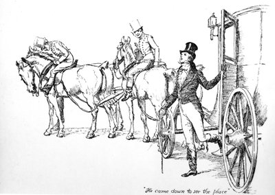 'Han kom ned for å se stedet', illustrasjon fra 'Pride und Prejudice' av Jane Austen, utgave utgitt i 1894 av Hugh Thomson