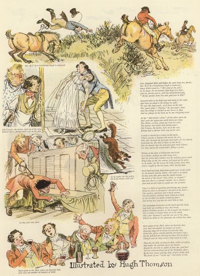 Serie med illustrasjoner som viser Hollydale-jakten av Hugh Thomson