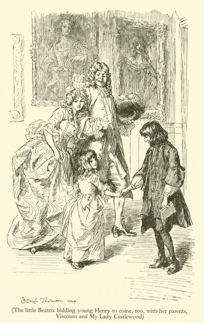 Den lille Beatrix ber unge Henry om å komme også med foreldrene, Viscount og My Lady Castlewood (gravering) av Hugh Thomson
