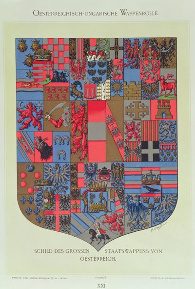 01315 Våpenskjold fra det østerriksk-ungarske riket, som viser våpenlagrene til det keiserlige østerrikske hoffet gravert av R. M. Rohrer (farget litho) av Hugo Gerard Strohl
