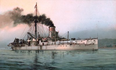 Litografi av den tyske jernkledde SMS Württemberg av Hugo Graf