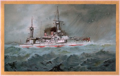 SMS Linienschiff Brandenburg (våpenskjold rød ørn på hvitt skjold, SMS Wörth = svart keiserørn på gullskjold) av Hugo Graf